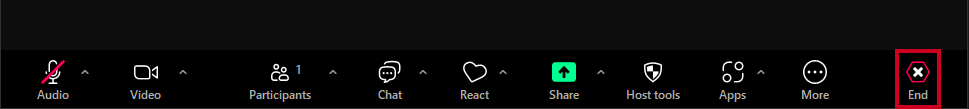 The End button in the lower-right corner of the Zoom Host Controls bar.