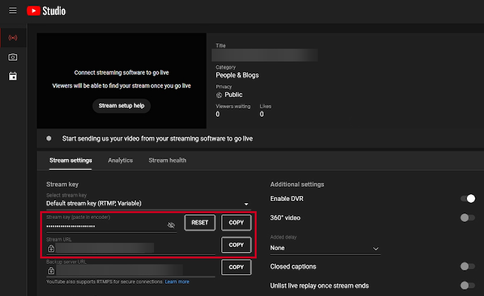 YouTube Studio Stream Key and Stream URL fields.