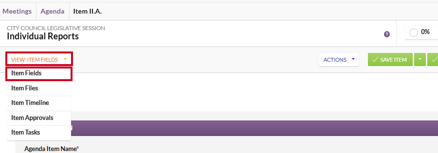 The View menu with the Item Fields option highlighted.