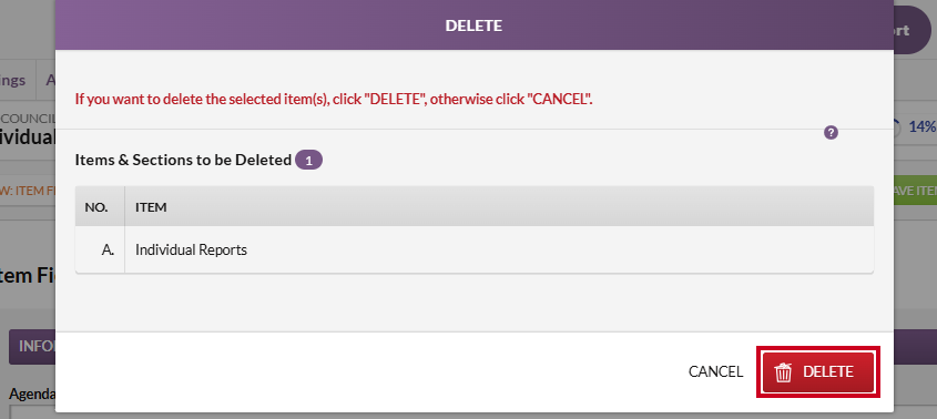 The red, rectangular Delete button in the lower-right corner of the Delete modal.