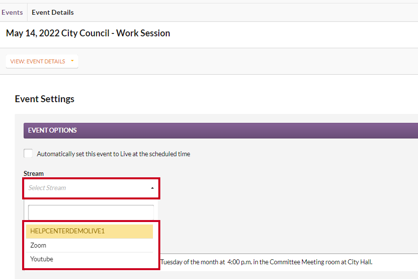 The Streaming dropdown and example options on the View Details page.