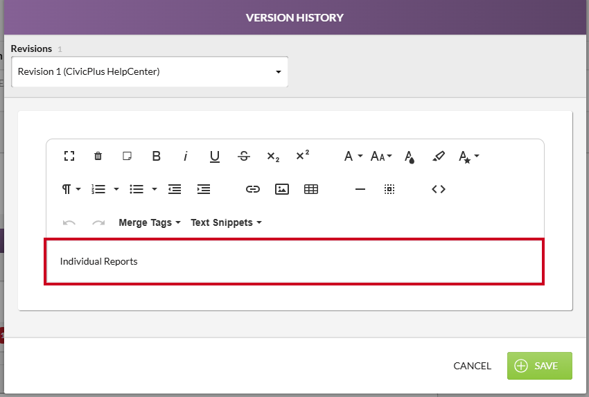 The Version History Text field.