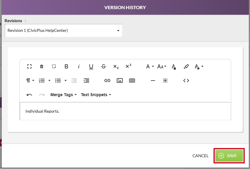 The green, rectangular Save Button in the lower-right corner of the Version History modal.