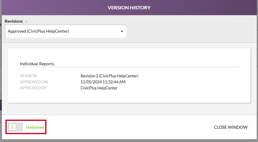 The gray, green, and white  Unlocked toggle in the lower-left corner of the Version History modal.