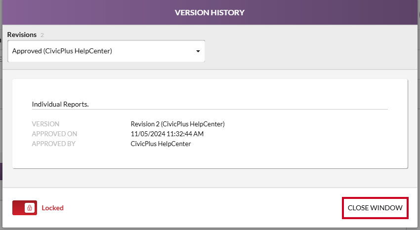 The white, rectangular Close Window button in the lower-right corner of the Version History modal.