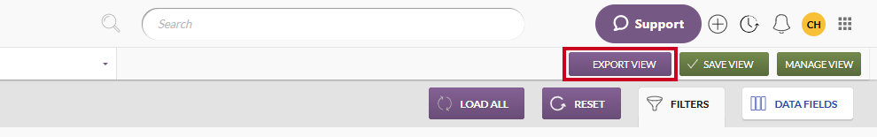 The purple, rectangular Export View button which appears below the Support button.