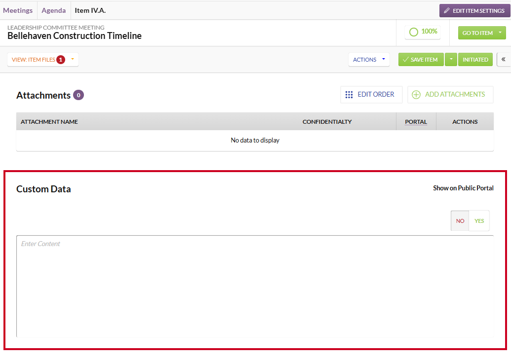 The Custom Data field on an example Item Files page.
