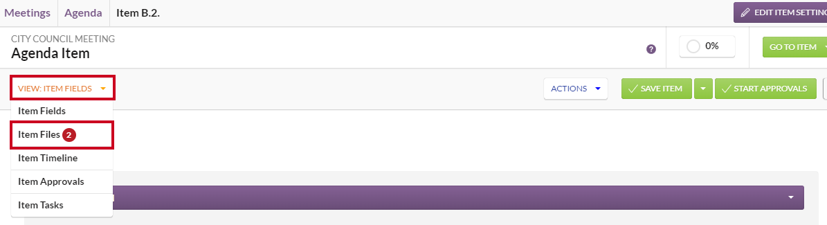 The View dropdown menu with the Item Files option highlighted.