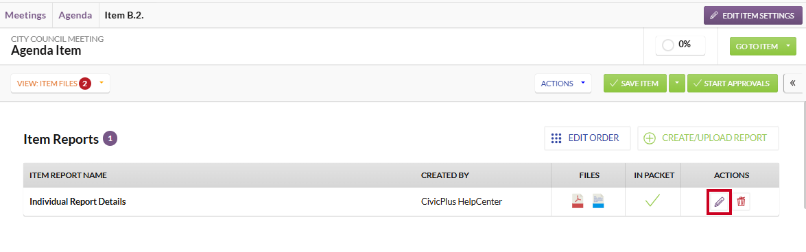 The Edit button to the right of an example item report.