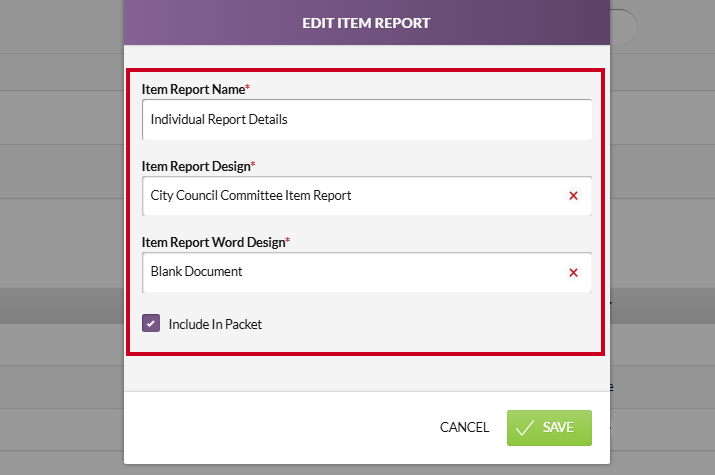The Edit Item Report modal information fields for a created item report.