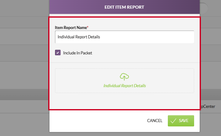 The Edit Item Report modal information fields for an uploaded item report.