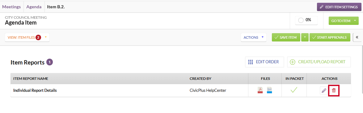 The Delete button to the right of an example item report.