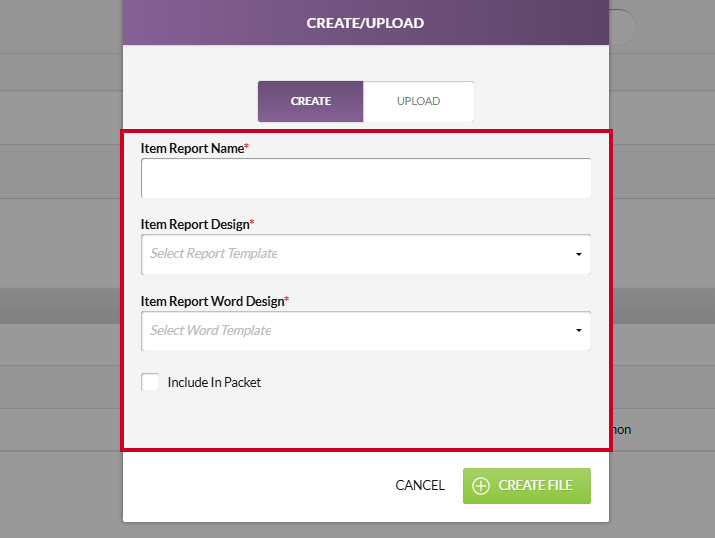 The Create tab information fields.