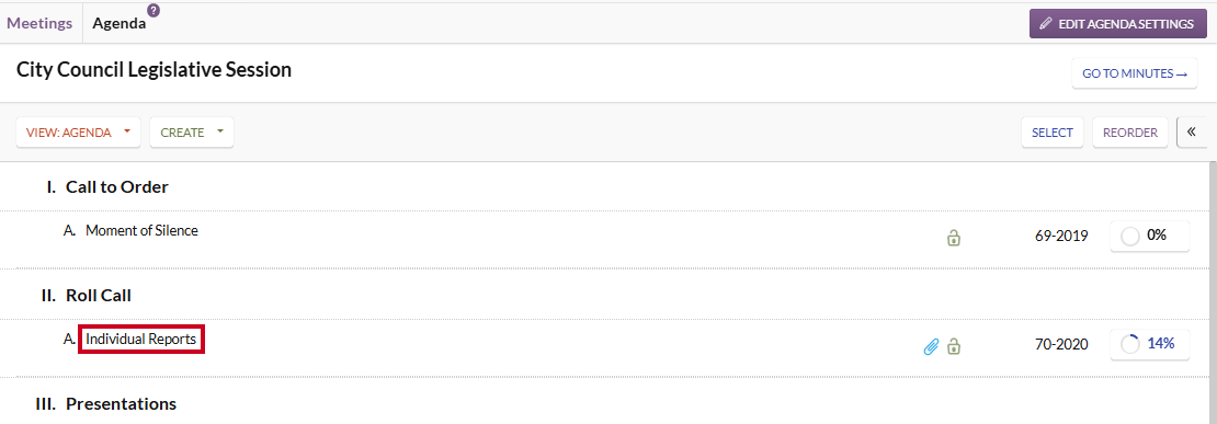 An example Individual Reports agenda item under the Roll Call section.