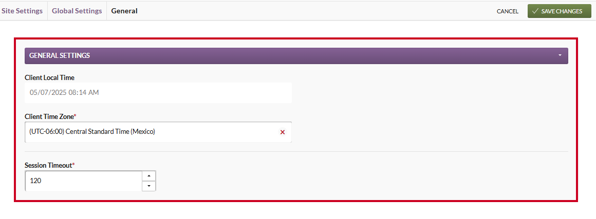 The General Settings section on the General Settings page.