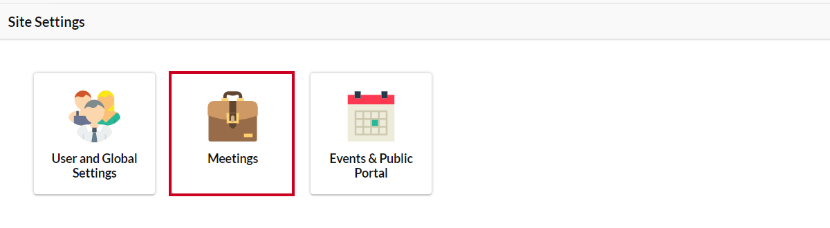 The Meetings tile with a briefcase icon on the Site Settings page.