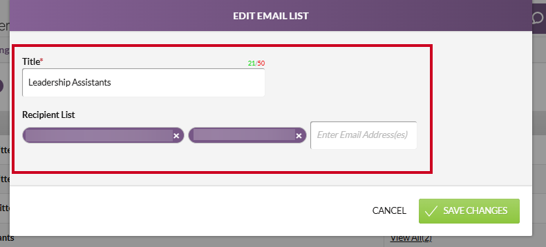 The Edit Email List modal information fields.