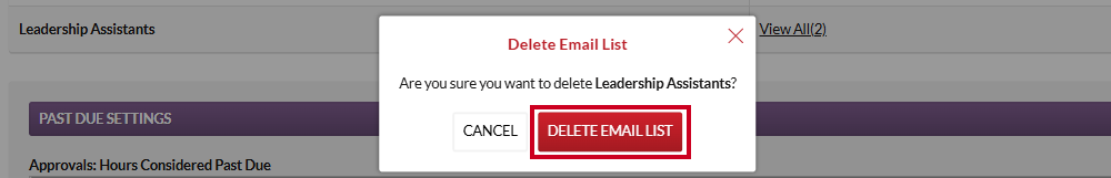 The Delete Email List Popup and the red, rectangular Delete Email List button.