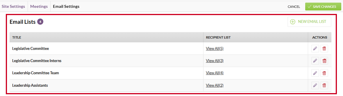 The Email Lists section of the Email Settings page.