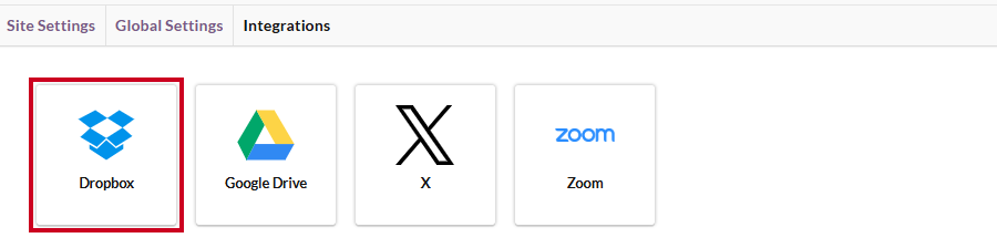 The Dropbox tile on the Integrations page.