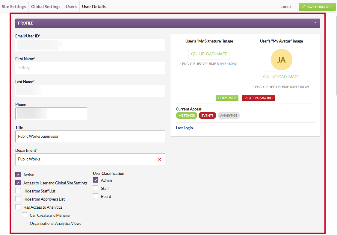 The Profile section on the User Details page.
