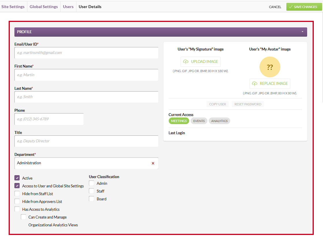 The Profile section on the User Details page.