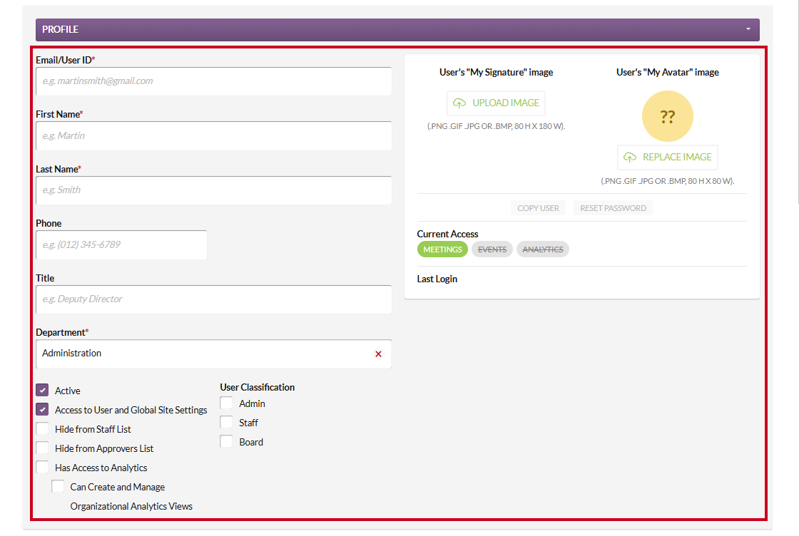 The Profile section information fields.