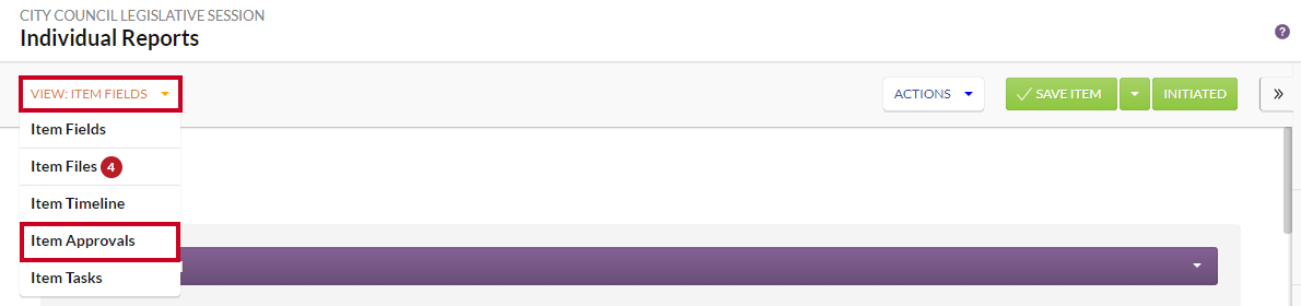 The View dropdown menu with the Item Approvals option highlighted.