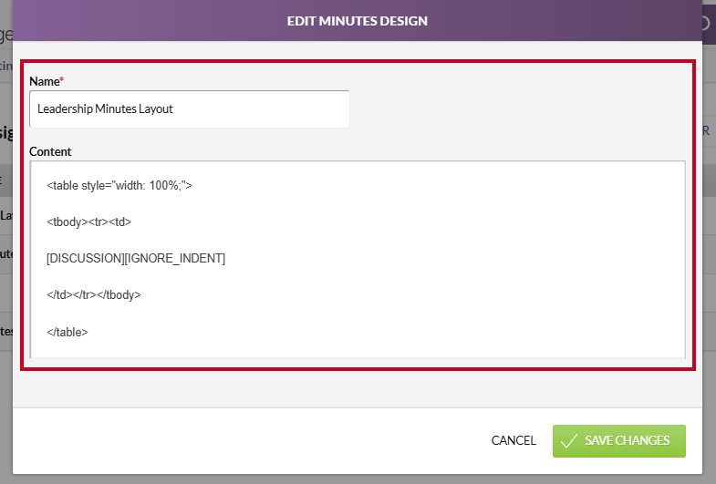 The Edit Minutes Design modal fields.