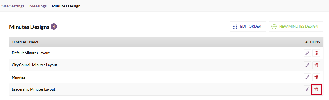 The Delete button for an example minutes design.