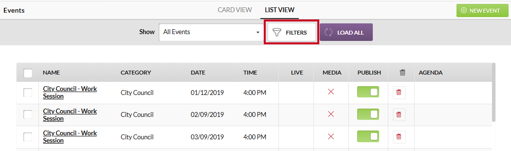 The white, rectangular Filters button, which appears to the right of the Show menu.