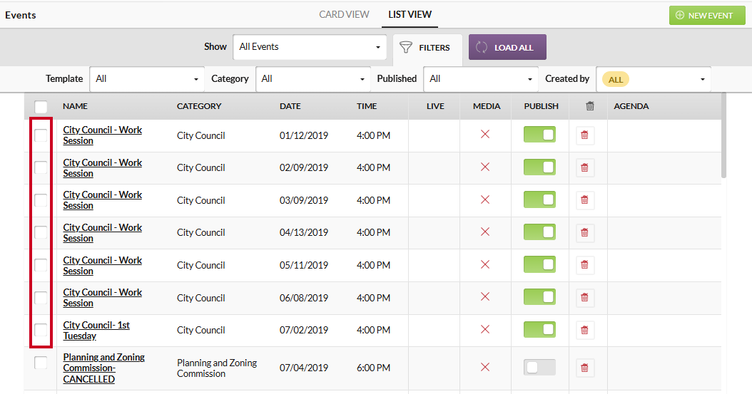 Example event checkboxes.