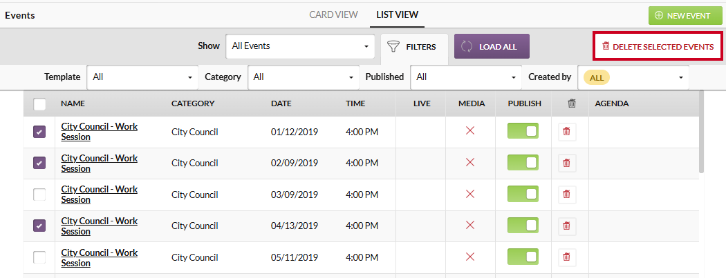 The white, rectangular Delete Selected Events button below the User Menu and the New Event button.