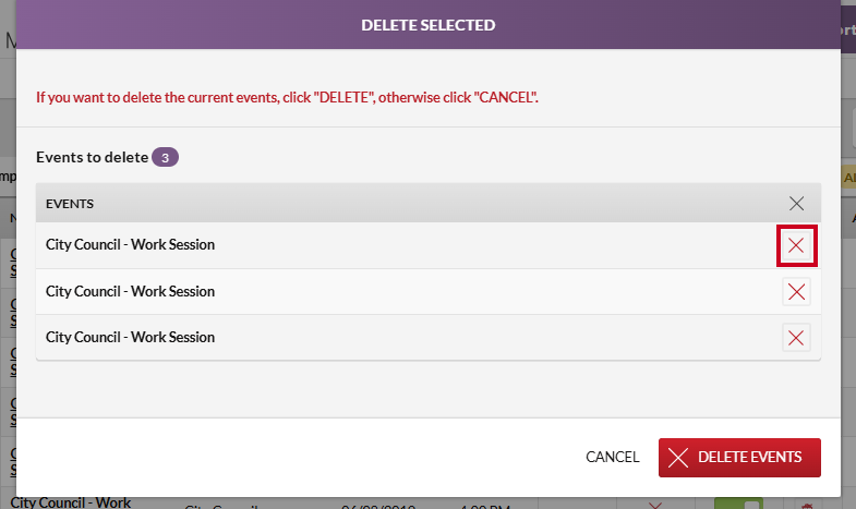 The Remove Selected Event button on the Delete Selected modal.