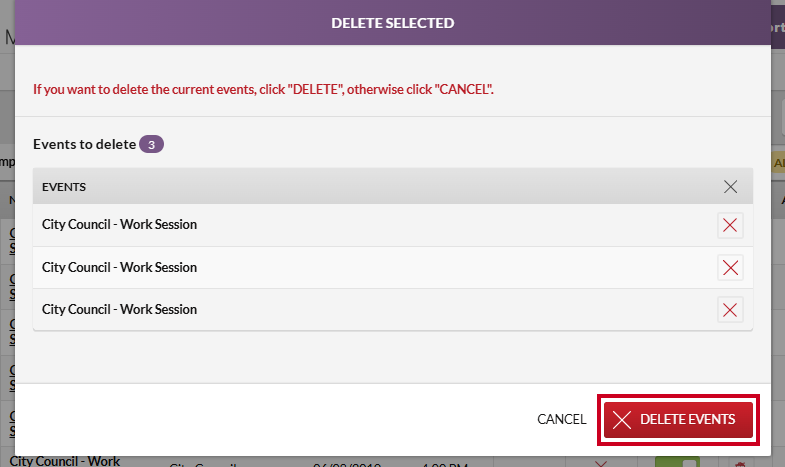 The red, rectangular Delete Events button in the lower-right corner of the Delete Selected modal.