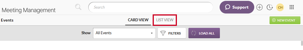 The Events module List View tab.