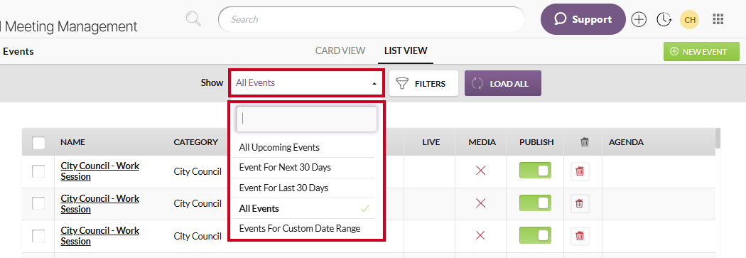 The Show dropdown menu and available options.