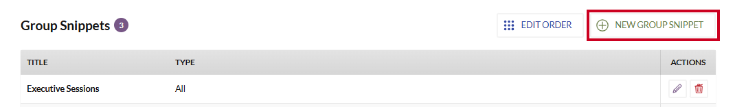 The white, rectangular New Group Snippet button to the right of the Group Snippets header on the Text Snippets page.