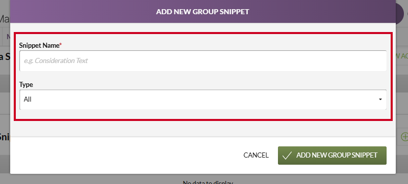 The information fields on the Add New Group Snippet modal.