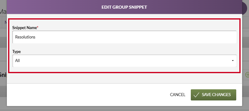 The information fields on the Edit Group Snippet modal.