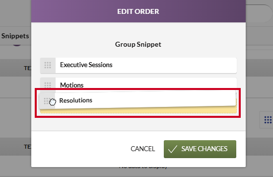 An example group snippet being dragged and dropped into place on the Edit Order modal.