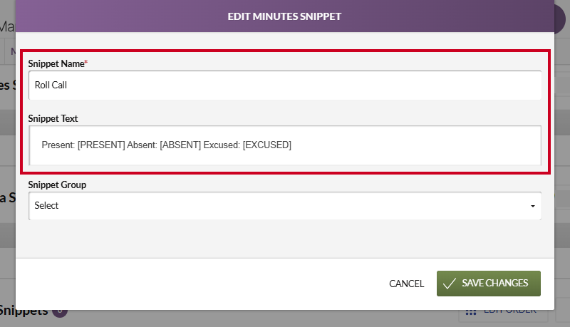The Snippet Name and Snippet Text fields on the Edit Minutes Snippet modal.