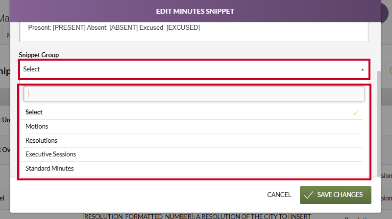 An example Snippet Group dropdown on the Edit Minutes Snippet modal.