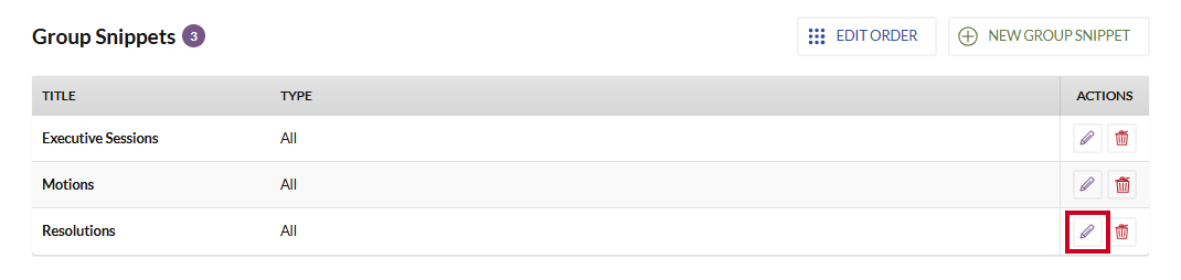 The Delete Group Snippet button to the right of an example group snippet.