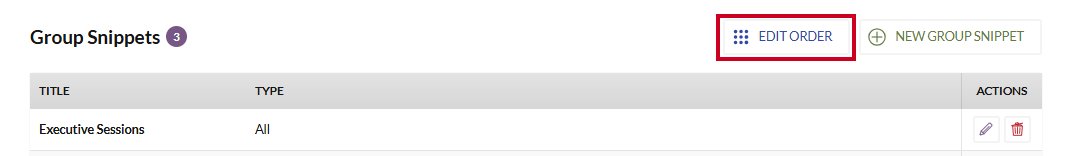 The white, rectangular Edit Order button to the right of the Group Snippets header on the Text Snippets page.