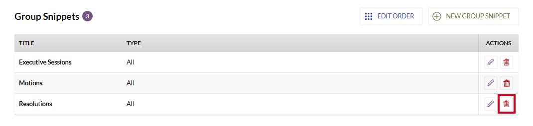 The Delete Group Snippet button to the right of an example group snippet.