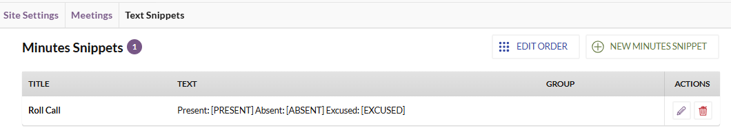 The Minutes Snippet section on the Text Snippets page.