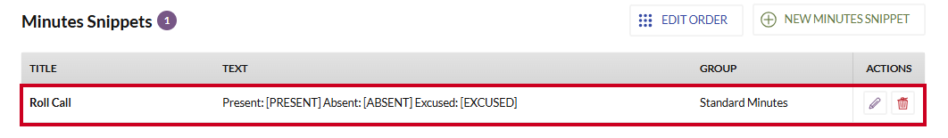 An example Minutes snipped with an assigned snippet group.