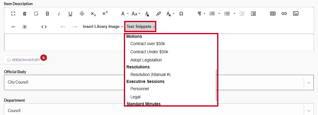 An example Group Snippets dropdown.