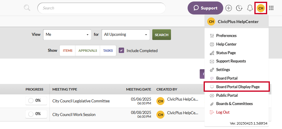 The User Menu with the Board Portal Display Page option highlighted.
